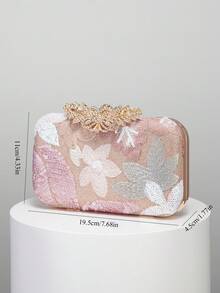 European And American Fashion Leaf & Floral Patchwork Box Shaped Clutch Bag, Luxury Rhinestone Evening Bag, Elegant & Charming Formal Dress Bag, Sparkling Night Use Women's Handbag, Formal Party Bag, Romantic Wedding Clutch, Comes With Detachable Chain, Pattern Randomly Sent - Pink - View 5