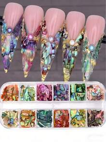 12 Grids Asymmetrical Aurora Shell Slices Nail Decoration Shiny Holographic Asymmetrical Iridescent Mica & Abalone Shell Y2K Mermaid Flake DIY Nail Charms Luxury Manicure Accessories Nails - Multicolor - View 3