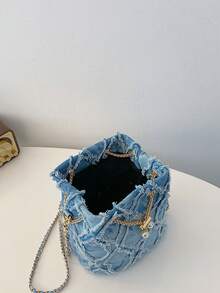 New Fashion Classic All-Match Solid Color Diamond Lattice Raw Edge Metal Drawstring Opening And Closing Design Shoulder Bucket Bag, Elegant Women's Wallet, Suitable For Shopping, Commuting To Work, Party GatheringsRandom Embroidery Patterns - Blue - View 8