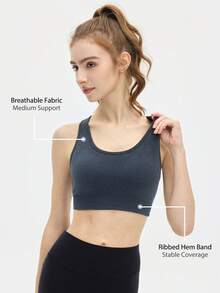 Leorrey 1pc Women's Fashion Round Neck Backless Cropped Ribbed Elastic Hem Cute & Sexy Soft Comfortable Sports Bra - Grey - View 6