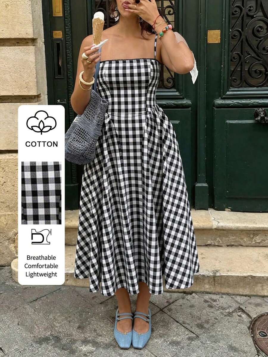 PoPoHouse Women's Cotton Gingham Print Midi Dress Sexy Backless Spaghetti Strap Square Neck Dress For Daily Casual Date Commute Summer Beach Vacation Going Out Outfit Black & White Gingham Dress - Black - View 1