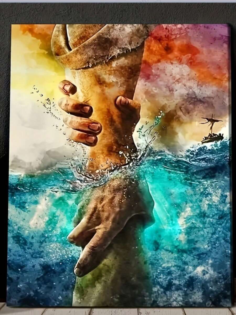 1pc Hand Of God Wall Art, Jesus Painting - Jesus Give Me Your Hand Canvas, Frameless, 11.8"X15.7" - Multicolor - View 1
