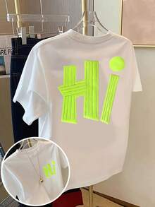2026 Nueva camiseta de manga corta casual de cuello redondo con estampado de letras fluorescente verde para mujer, camiseta de moda blanca de verano - Blanco - Ver 1