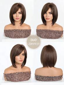 10 Inch Brown With Gray Highlights Short Layered Bobo Wig, Heat Resistant Synthetic Wig, Natural For Daily, Party, Office Wear - Brown - View 6