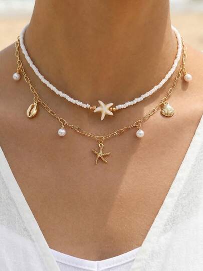 2pcs/Set Girls' Starfish & Shell Pearl Beaded Necklace Set, Suitable For Daily Decoration And Beach Resort Wear