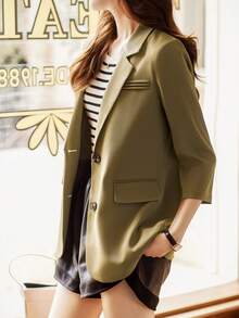 Áo khoác blazer nữ thiết kế mới Xuân/Hè 2026, tay lỡ, thanh lịch và chất lượng cao, thích hợp mặc công sở. - xanh quân đội - Xem 3