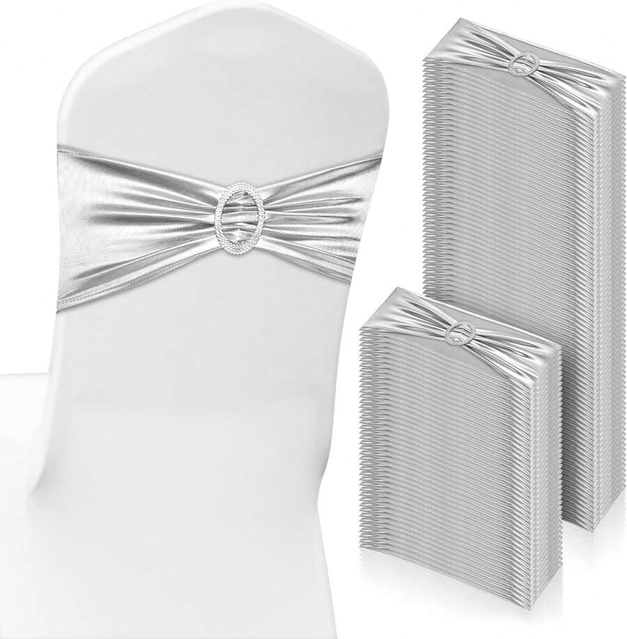 150 Pieces Spandex Stretch Chair Sashes Bows Elastic Chair Cover Bands Ties With Slider Wedding Party Reception Events Universal Ceremony Banquet Decorations (Gold) - Silver - View 1