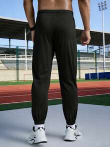 Pantalones deportivos con cordón para hombres, pantalones ligeros y elásticos con bolsillos con cremallera, adecuados para deportes, fitness, baloncesto, fútbol, pantalones deportivos casuales, estampado de moda - Negro - Ver 6