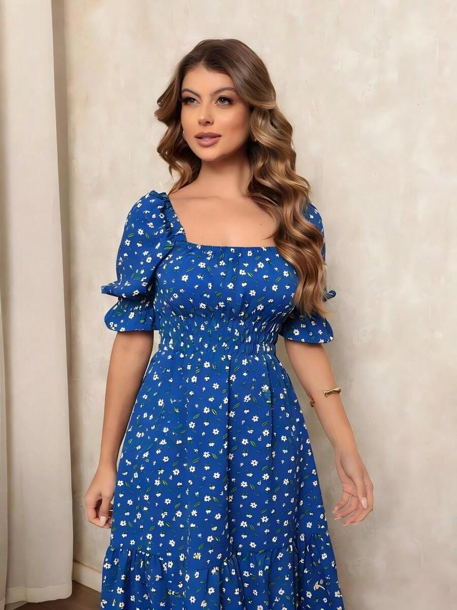 Women's Midi Dress With Floral Print, Square Neckline, Puff Sleeves, A-Line Silhouette, Ruffled Hem, Knee-Length. - 寶藍色 - 查看 1