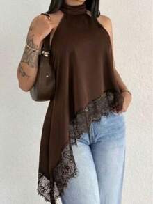 Women's AiiRZ Shirt, Cropped Top, , Elegant, High Neck, Lace, Asymmetrical, Satin - 鏽棕色 - 查看 2
