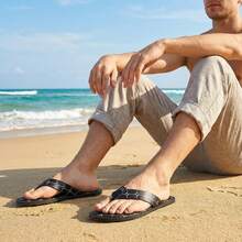 Men's Printed Flip Flops, Beach Style H-Pattern Thong Sandals, Comfortable For Beach, Casual Commute, Versatile - Black - View 10