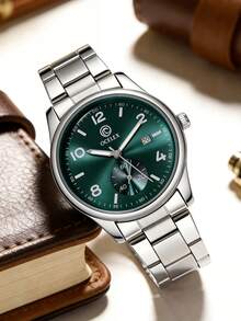 1 chiếc đồng hồ nam thạch anh, mặt tròn thời trang, hiển thị một ngày, vỏ màu bạc, chất liệu hợp kim cao cấp, kiểu dáng tối giản thanh lịch, phù hợp để đeo hàng ngày, đi làm, họp mặt kinh doanh, đám cưới, các buổi họp mặt Ramadan, lễ Eid và các dịp khác. - màu xanh lá - Xem 2