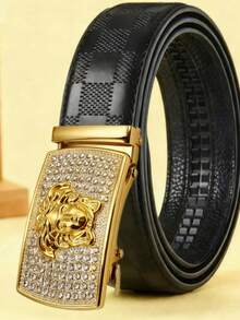 Thắt lưng nam màu đen kẻ caro với khóa hình Medusa mạ vàng đính pha lê - Dây thắt lưng tự động điều chỉnh được - Nhiều màu - Xem 6