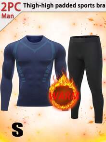 Two Piece Boyfriend Style Men's Set, Men's Compression Set, Quick Drying Fitness Set, Wool Lined Leggings And Pants, Long Sleeved Exercise Training Set, Sports Bra And Leggings, Suitable For Gym Wear, Boyfriend Gift Selection - Navy Blue - View 10