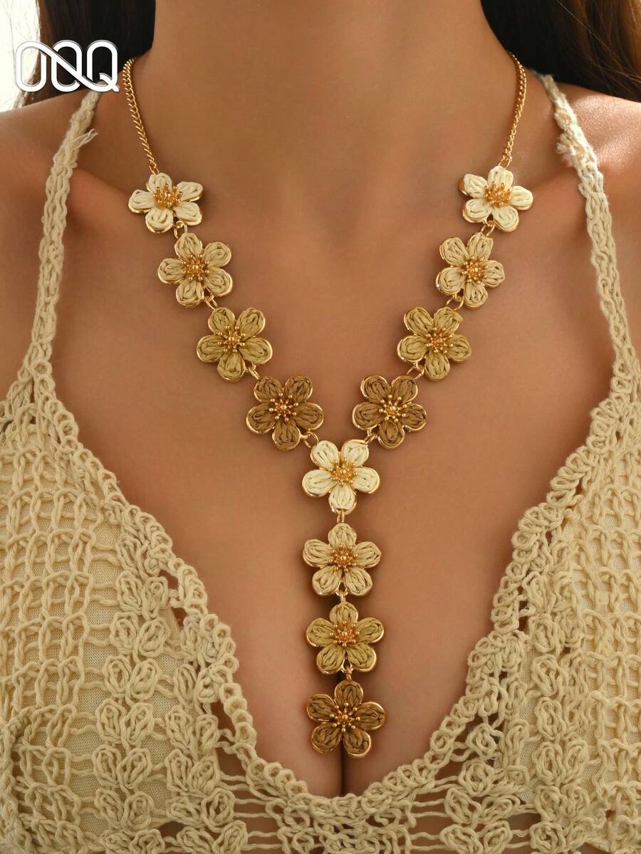 OOQ 1pc Bohemian Style Handmade Woven Raffia Daisy Flower Patchwork Y-Necklace, Fashionable Personalized Handcrafted Raffia Floral Patchwork Long Necklace Suitable For Women's Daily, Beach, Party Wear (Handwoven Style Random, Handmade May Have Slight Glue Residue) - Brown - View 1