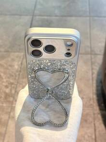 Luxury Bling Glitter Sequins Sivery Edge Plating Shockproof Large Window Phone Case Compatible With IPhone 17 Pro Max 17 Pro 16 Pro Max 15 14 Pro 17 Love Heart Mirror Bracket Bumper Protection Cover - Silver - View 3