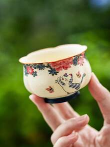 1件套摩卡茶具配件 - 青柠白陶瓷杯，荷叶边杯沿，猫咪图案，适合送礼亲友或居家品茶，精致茶室装饰，高端茶具托盘 - 彩色 - 查看 10