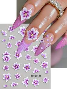 2 piezas Pegatinas de uñas 5D con flores de cerezo rosas y moradas, decoraciones de pétalos primaverales y veraniegos, calcomanías de flores de 5 pétalos estilo Y2K para arte de uñas - Multicolor - Ver 4