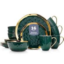Florian Modern Porcelain 16 Piece Dinnerware Set Plates and Bowls Set Dish set for 4 Green and Golden Rim - Verde con borde dorado - Ver 1