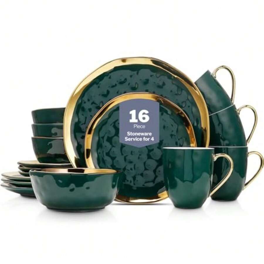 Florian Modern Porcelain 16 Piece Dinnerware Set Plates and Bowls Set Dish set for 4 Green and Golden Rim - Verde con borde dorado - Ver 1