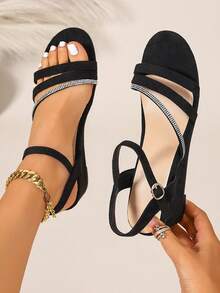 Women's Black Rhinestone Buckle Wedge Sandals | Open Toe Casual Shoes For Summer - Black - View 10