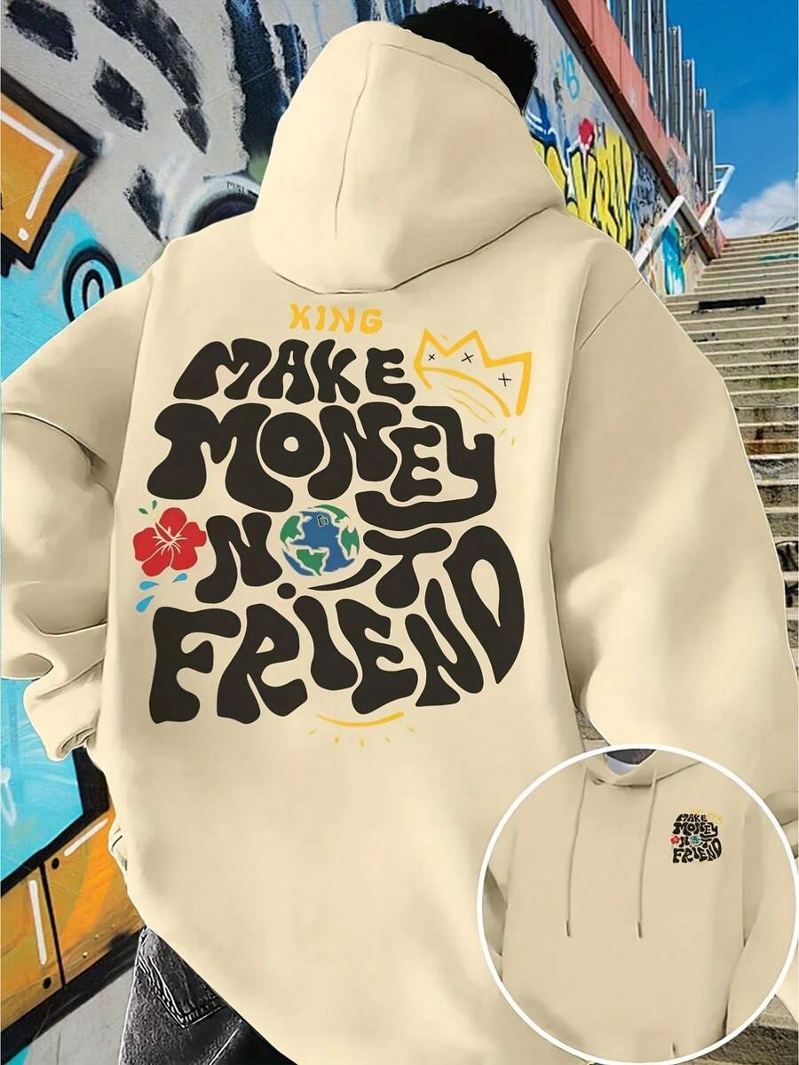 New Men's Fleece Hoodie With Drawstring And Front And Back Print For Autumn And Winter, Machine Washable And Dry Cleanable, Popular Patterns - Simple, Classic, Modern And Fashionable Hoodie - 杏色 - 查看 1