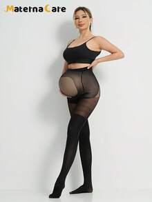 1 pieza Pantalones de maternidad semi-transparentes de tono de piel, diseño de soporte y elevación suave para el vientre, adecuado para el embarazo temprano, medio y tardío, cómodo para usar en casa y ocio - Negro - Ver 5