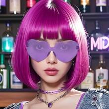 Cyberpunk Bob Wig & Glasses Set - 20+ Neon Colors With Adjustable Fringe | Multi-Tone Synthetic Hair For Cosplay, Rave, Halloween & Daily Bold Fashion (Hot Red/Lime Green/Orange/Light Pink/Plum Purple/Neon Blue/Neon Lilac/Golden Blonde/Black) - 中紫紅色 - 查看 3