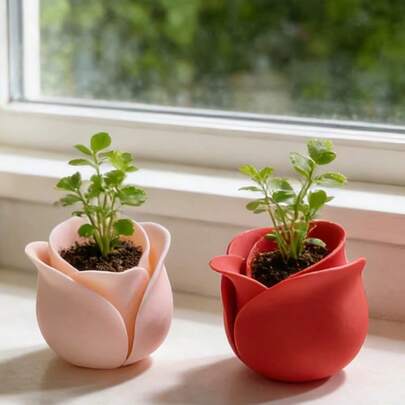 1 chậu hoa hồng - Chất liệu nhựa in 3D, hoa hồng đỏ/hồng, chi tiết cánh hoa mờ, chậu thoát nước tốt, thích hợp trang trí bàn làm việc và ban công theo phong cách cổ điển, chậu trồng cây mọng nước quanh năm, quà tặng Ngày của Mẹ kiểu dáng nhẹ nhàng