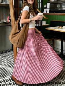 Chân váy midi kẻ caro thanh lịch, giản dị kiểu sinh viên. - Hồng - Xem 2
