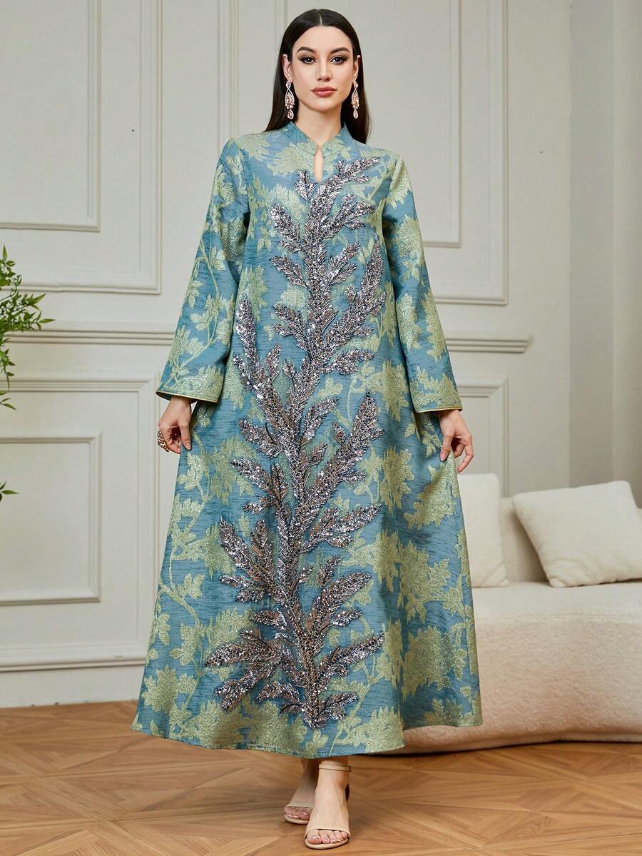 Đầm maxi Kaftan dài tay cổ chữ V mới dành cho nữ trong tháng Ramadan, đầm Jalabiya thêu đính cườm cầu kỳ, sang trọng cho lễ Eid Al-Fitr. - màu xanh lá - Xem 1