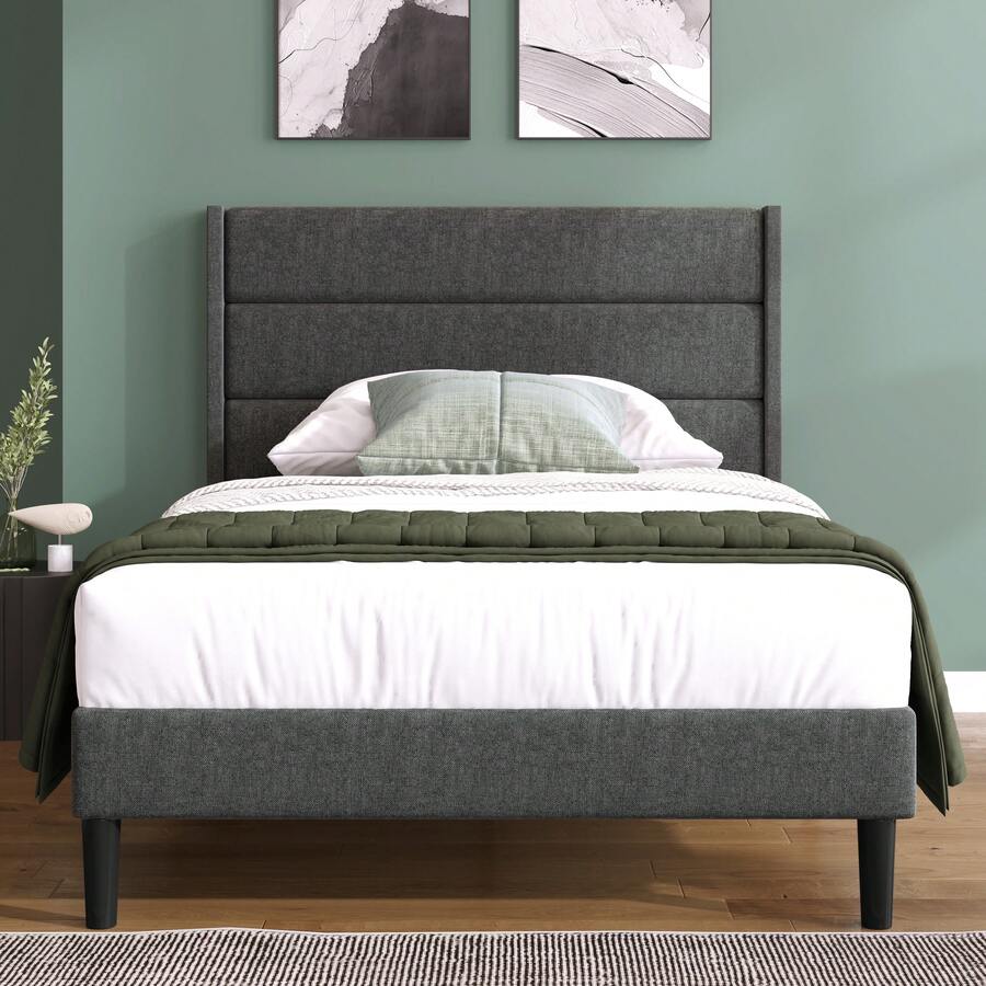 Upholstered Bed 90 X 200 Cm, Bed Frame With Slatted Base And Headboard, Padded Double Bed, Linen Fabric Cover In Grey, Timeless Modern Design, Youth Bed (With Mattress) - Dark Grey - View 1