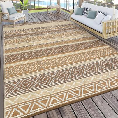 1pc Bohemian Black & White Geometric Outdoor Rug, Large Waterproof Reversible Plastic Straw Area Rug For Patio, RV, Camping & Balcony, Easy To Clean Modern Woven Deck Mat