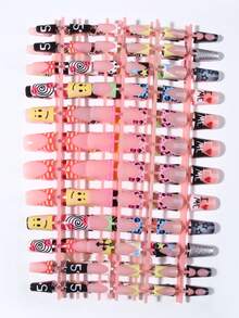 240pcs (10 Mixed Designs) Y2K Long Almond-Shaped Pastel Nail Stickers, Star, Heart, Stripe, Leopard, Silver Glitter Patterns, French Press-On Acrylic Fake Nails Set, Duck Mouth French Manicure For Summer, Suitable For Women And Girls DIY Daily, Festival, Party - Multicolor - View 4