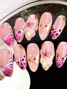 10pcs Handmade Delicate Floral French Manicure Stickers, 3D Dimensional Almond-Shaped Long Floral Nail Stickers Suitable For Women And Girls Daily Wear Press On Nails - 中紫紅色 - 查看 3