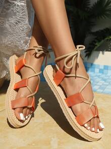 1 đôi sandal chiến binh buộc dây màu cam dành cho nữ, với quai đan màu cam rực rỡ kết hợp cùng dây buộc màu be, đế dây đan chống trượt, nhẹ và linh hoạt. Mũi hở, gót phẳng, thiết kế quai cổ chân có thể điều chỉnh, phong cách boho bãi biển, thích hợp cho kỳ nghỉ hè ở bãi biển, đi bộ hàng ngày, mua sắm và các bữa tiệc ngoài trời. - Màu Cam cháy - Xem 4