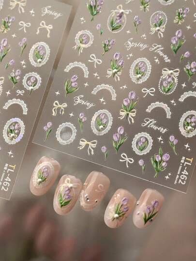 1pc 5D Pearl Spring French Tulip Nail Art Stickers Kawaii Exqusite Tulip Flower Nail Decorations Flower Manicure Decals