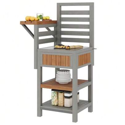 Outdoor Wooden Garden Cabinet, Weatherproof – Tool Shed With Large Stainless Steel Work Surface And Double Shelf, Grill Station With Additional Storage Space, Weatherproof Kitchen Cabinet