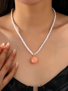 1pc Fashionable Bohemian Style Pearl & Pink Bead Pendant Necklace - Multicolor - View 1