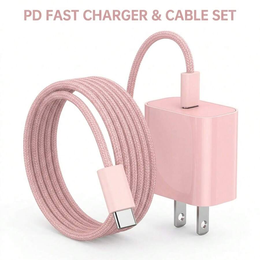 20W Wall Charger Set, USB-C To Type-C Charging Adapter With 3.3FT/100cm Nylon Braided Tangle-Free Charging Cable, Compatible With IPhone 17 16 15 Pro Max Plus, Portable Charging Kit - Pink - View 1