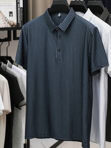 男士条纹短袖 Polo 衫，凉爽透气，适合户外、棒球、高尔夫运动穿着 - 藏蓝色 - 查看 2