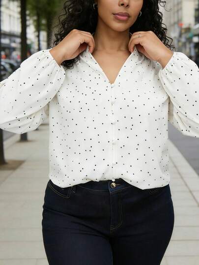 Stylish Plus Size Polka Dot Woven Fabric Shirt With Long Sleeves And Stand Collar, Button Detail Blouse For Women Vacation