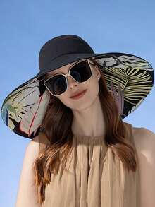 1顶大帽檐双面渔夫帽，印花图案，可折叠轻便遮阳帽，女士款 - 雙面大帽簷遮陽帽 - 查看 2