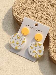 1对女士小鸡印花陶瓷质感可爱圆形亚克力耳环 - 彩色 - 查看 5