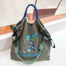 1pc New Fashion Embroidered Magic Ocean Pattern Foldable Nylon Tote Bag, Large Capacity, Adjustable Shoulder Strap, Suitable For Commuting, Party - Multicolor - View 2