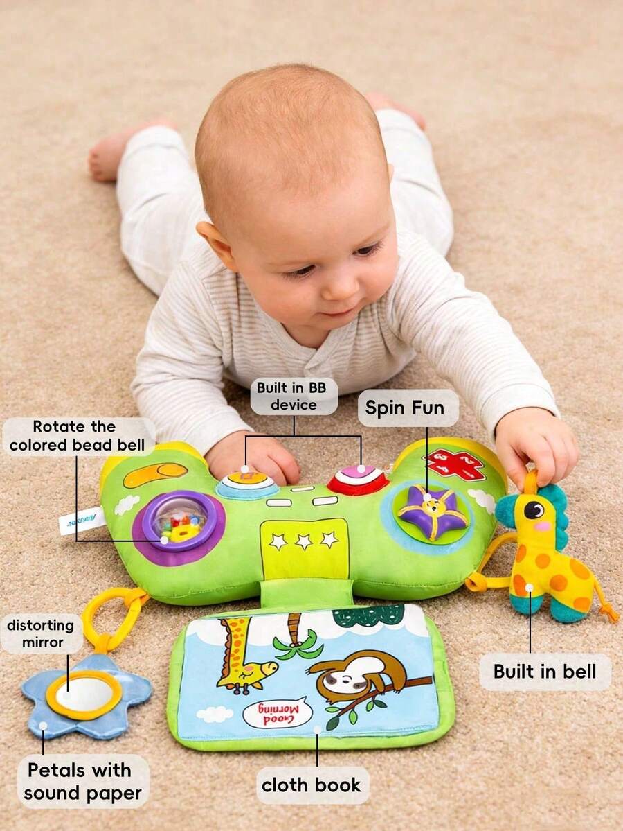 1pc Multifunctional Newborn Sensory Plush Doll, Game Controller Design With Built-In Rattle, Cloth Book, And Funny Mirror, Interactive Stimulation Gift For Babies