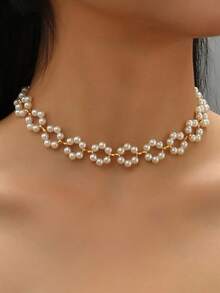 Nuevo conjunto de 3 piezas de lujo y elegante con collar de perlas, pulsera y aretes, collar tipo choker de diseño bohemio - Multicolor - Ver 3