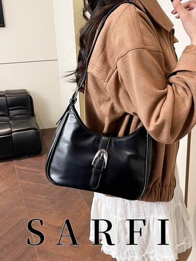 现代风格女士手提包，金属扣装饰，休闲经典百搭单肩包，时尚简约纯黑色可调节肩带斜挎包，适合购物旅行，轻便大容量收纳单肩包，顺滑拉链，多功能手机收纳袋