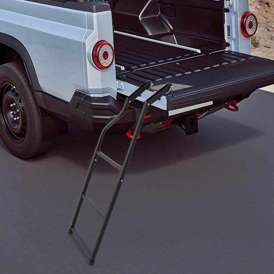 Eatssode LKW-Faltbare Heckklappenleiter, Universal-Heckklappenleiter, Klappbare Heckklappenleiter Pickup, Verstellbar 70-115 cm, Bis 300 Kg TragfäHigkeit, Robuste Kohlenstoffstahlleiter, Rutschfest, Universell, Einfach Zu Montieren, Schwarz - Schwarz - Übersicht 1