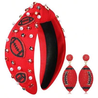 Football Headband For Women - Mom Accessories Enamel Charm Jeweled Rhinestone Knotted Sport Game Day Headband Football RedandBlack